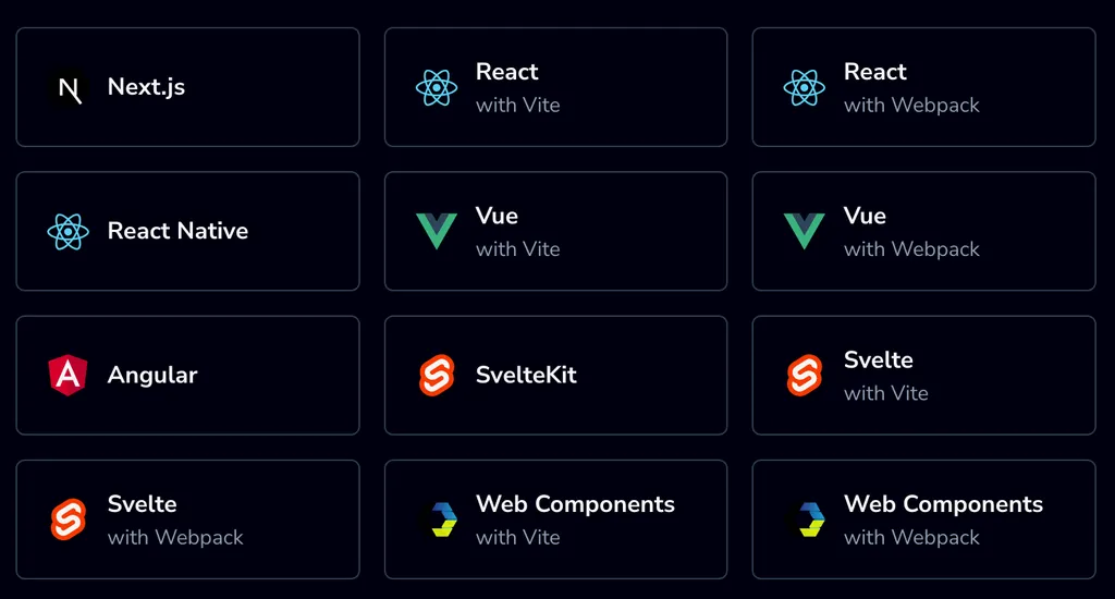 A grid displaying supported JavaScript frameworks and build tools for development. Frameworks include Next.js, React (with Vite and Webpack), React Native, Vue (with Vite and Webpack), Angular, SvelteKit, Svelte (with Vite and Webpack), and Web Components (with Vite and Webpack).